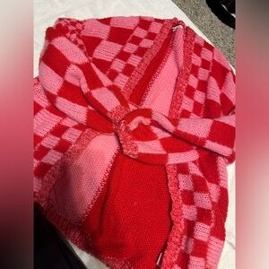 Red and Pink Checkered Women's Cardigan